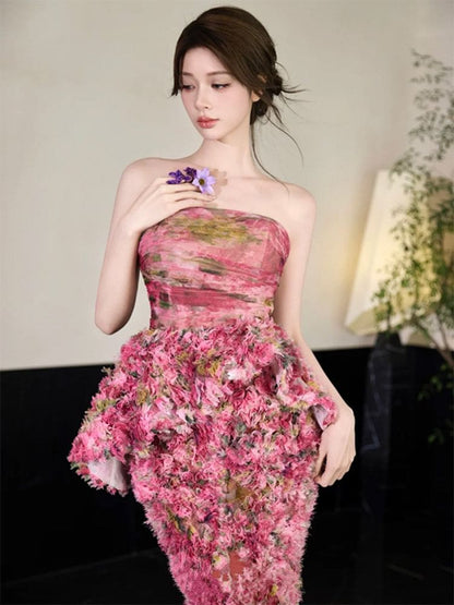 Strapless Floral Print Ruffled Asymmetrical Mermaid Evening Gown