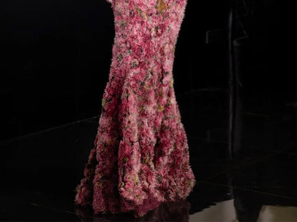 Strapless Floral Print Ruffled Asymmetrical Mermaid Evening Gown