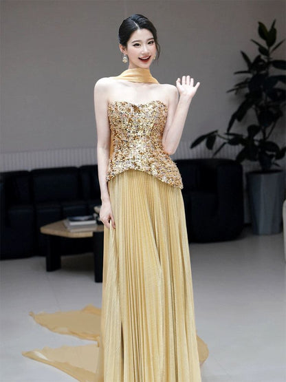 Strapless Sequined Accordion Pleat A-Line Evening Gown