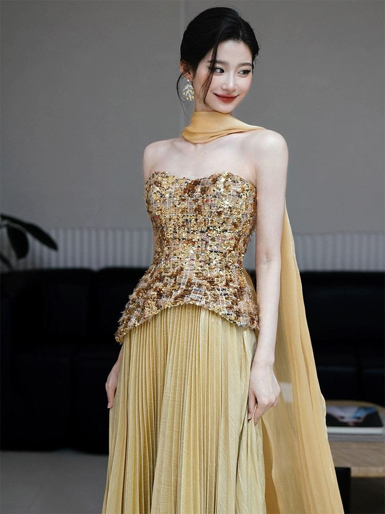 Strapless Sequined Accordion Pleat A-Line Evening Gown