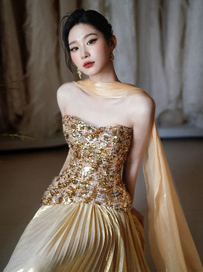 Strapless Sequined Accordion Pleat A-Line Evening Gown