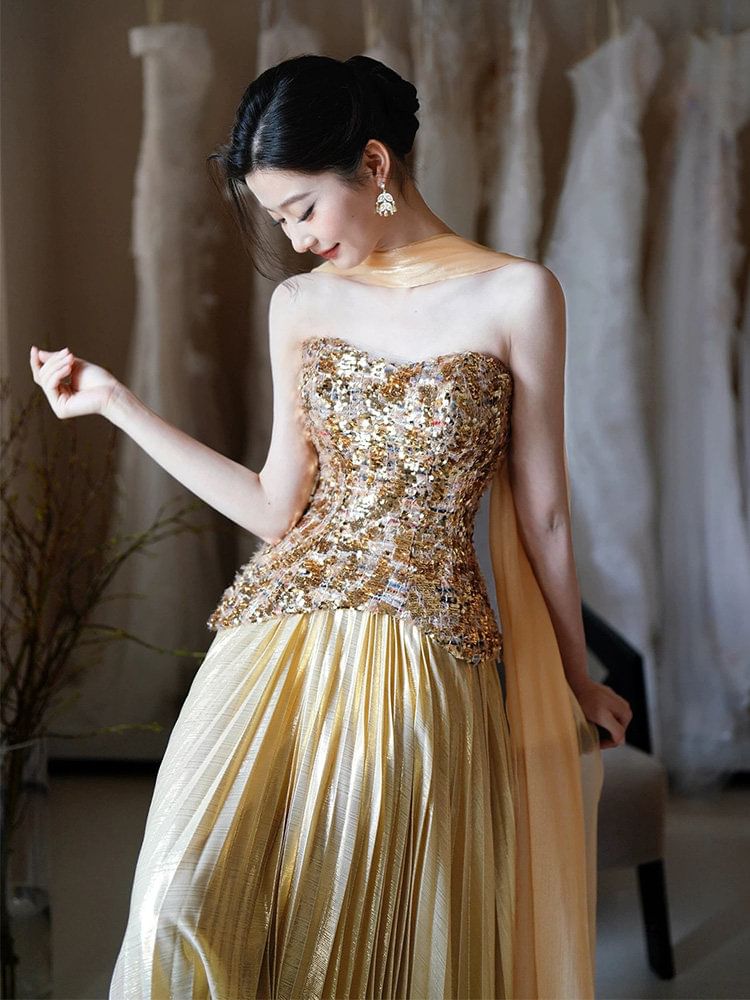 Strapless Sequined Accordion Pleat A-Line Evening Gown