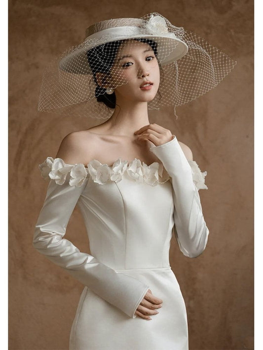 Off-Shoulder Long-Sleeve Ruffled A-Line Wedding Gown