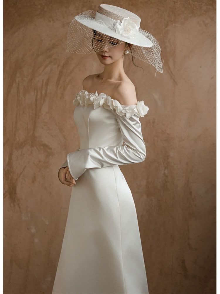 Off-Shoulder Long-Sleeve Ruffled A-Line Wedding Gown