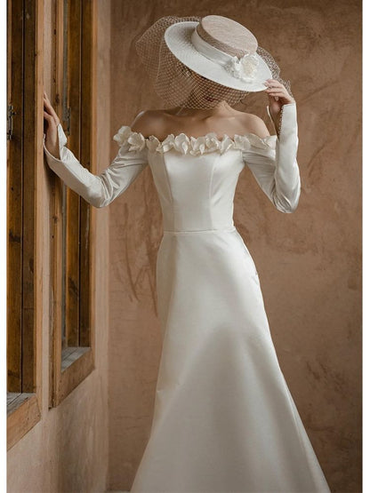 Off-Shoulder Long-Sleeve Ruffled A-Line Wedding Gown