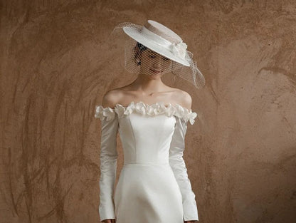 Off-Shoulder Long-Sleeve Ruffled A-Line Wedding Gown