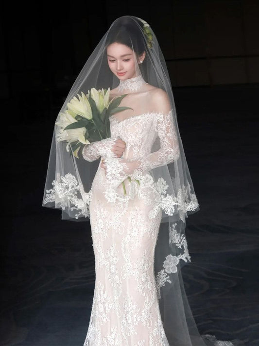 Off-Shoulder Long-Sleeve Lace Mermaid Evening Gown