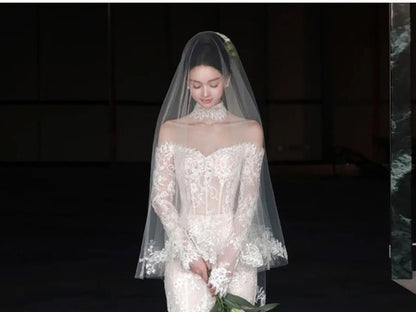 Off-Shoulder Long-Sleeve Lace Mermaid Evening Gown