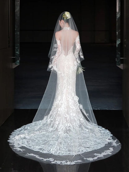 Off-Shoulder Long-Sleeve Lace Mermaid Evening Gown