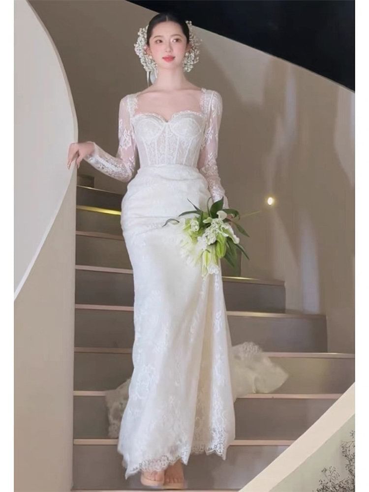 Long-Sleeve Sweetheart-Neckline A-Line Lace Wedding Gown