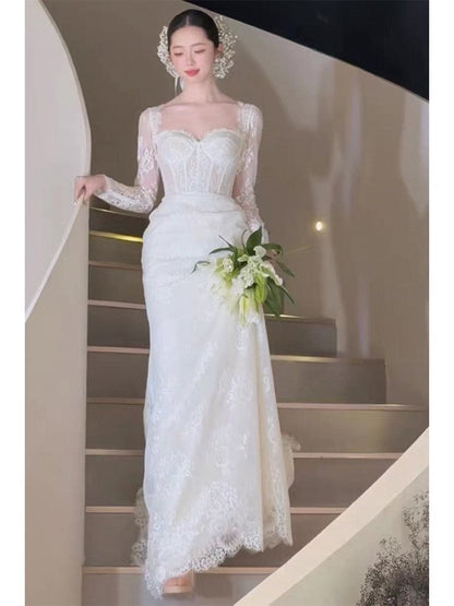 Long-Sleeve Sweetheart-Neckline A-Line Lace Wedding Gown