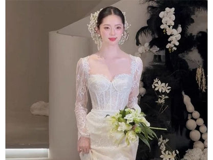 Long-Sleeve Sweetheart-Neckline A-Line Lace Wedding Gown