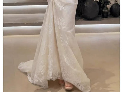 Long-Sleeve Sweetheart-Neckline A-Line Lace Wedding Gown