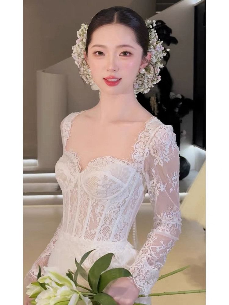 Long-Sleeve Sweetheart-Neckline A-Line Lace Wedding Gown