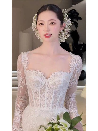 Long-Sleeve Sweetheart-Neckline A-Line Lace Wedding Gown