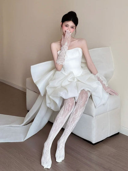 Strapless Bow Back Balloon Short Wedding Gown