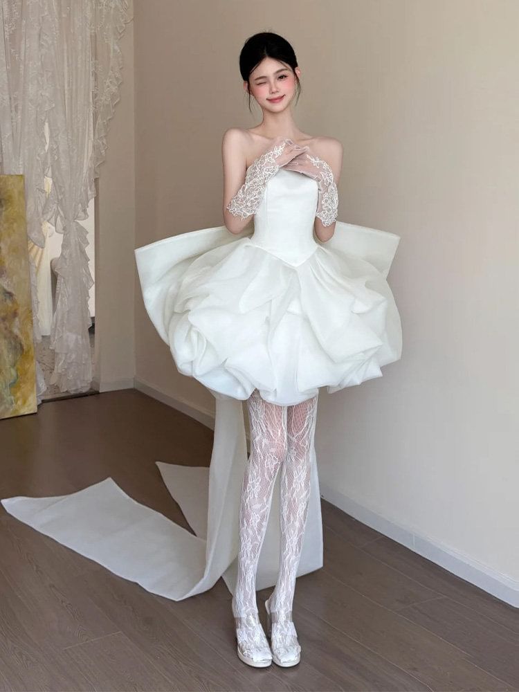 Strapless Bow Back Balloon Short Wedding Gown