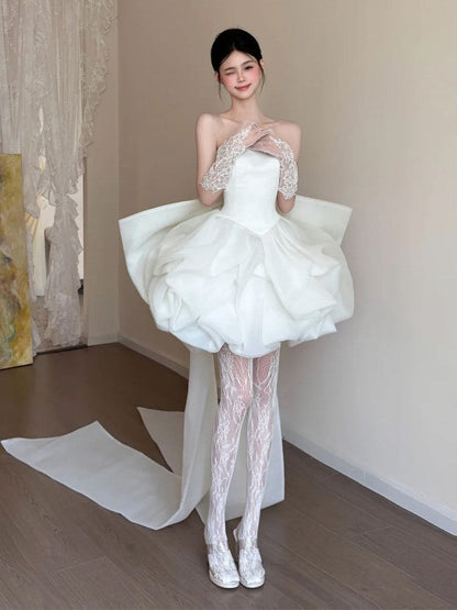 Strapless Bow Back Balloon Short Wedding Gown