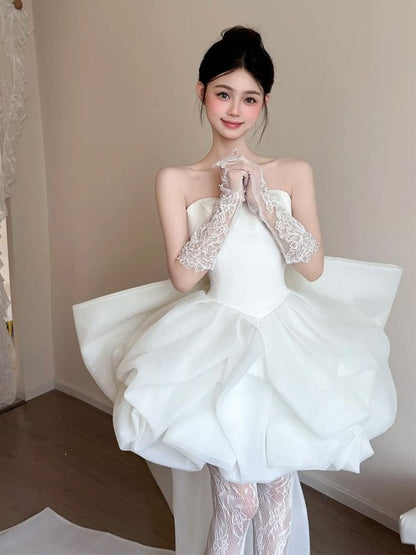 Strapless Bow Back Balloon Short Wedding Gown