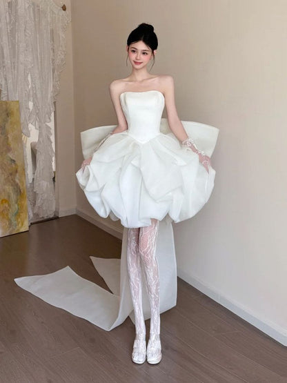 Strapless Bow Back Balloon Short Wedding Gown