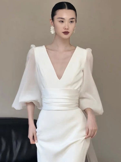 Puff-Sleeve V-Neck Mermaid Evening Gown