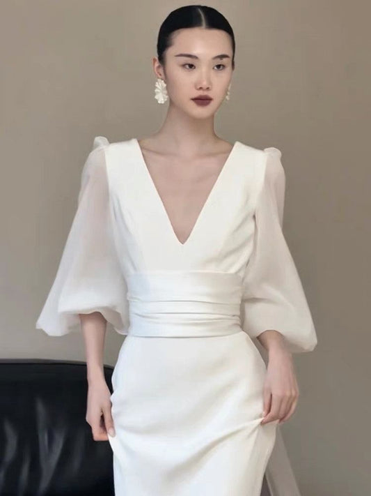 Puff-Sleeve V-Neck Mermaid Evening Gown