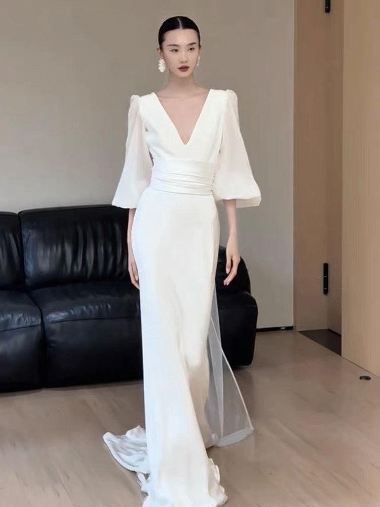 Puff-Sleeve V-Neck Mermaid Evening Gown