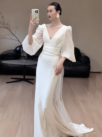 Puff-Sleeve V-Neck Mermaid Evening Gown