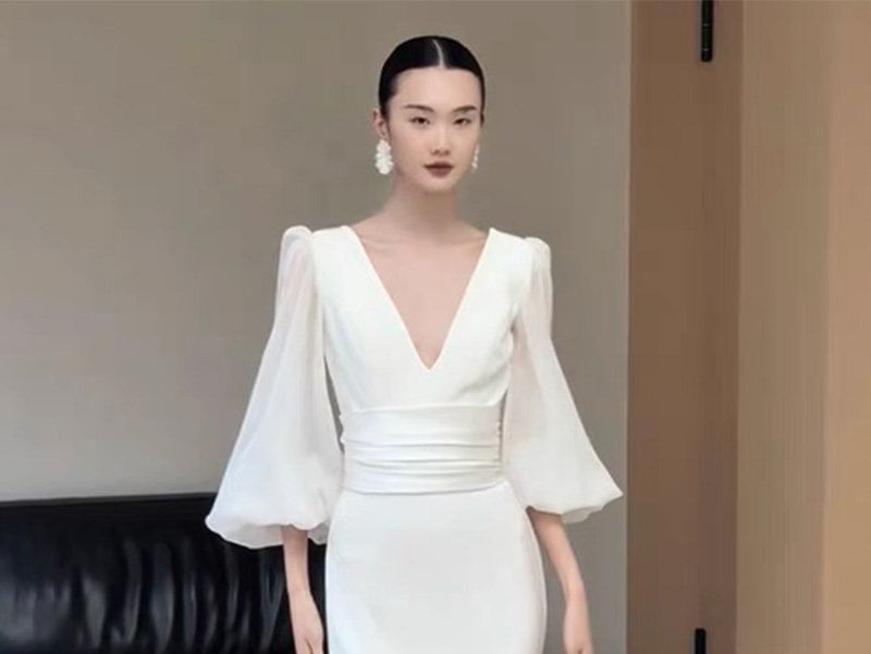 Puff-Sleeve V-Neck Mermaid Evening Gown