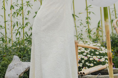 Long-Sleeve Fluffy Trim Midi A-Line Qipao