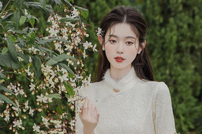 Long-Sleeve Fluffy Trim Midi A-Line Qipao