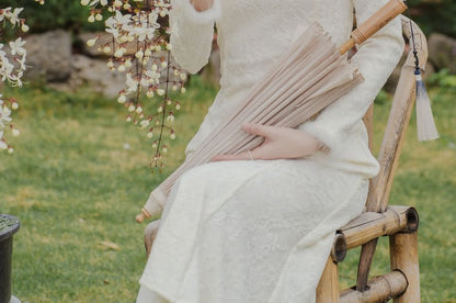 Long-Sleeve Fluffy Trim Midi A-Line Qipao