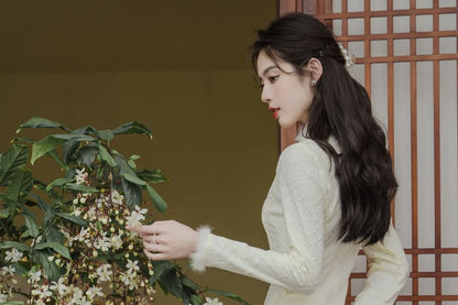 Long-Sleeve Fluffy Trim Midi A-Line Qipao