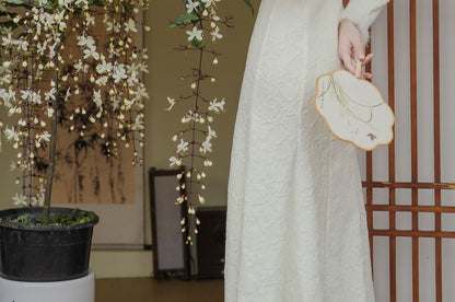 Long-Sleeve Fluffy Trim Midi A-Line Qipao