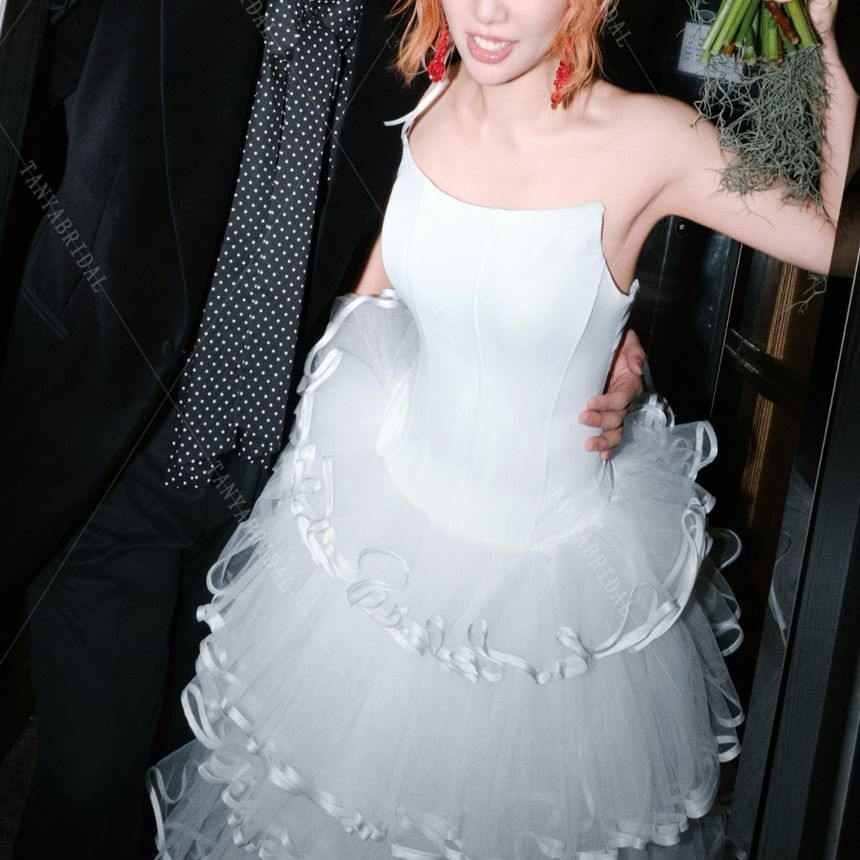 Strapless Lace-Up A-Line Mesh Wedding Gown