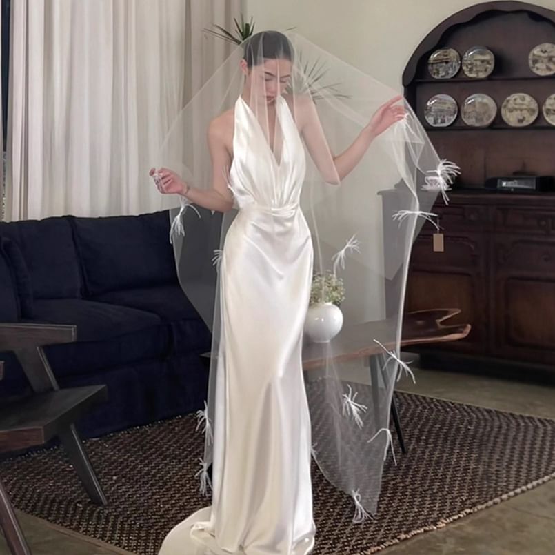 Halter-Neck Satin Open Back Mermaid Wedding Gown