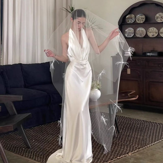 Halter-Neck Satin Open Back Mermaid Wedding Gown