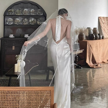 Halter-Neck Satin Open Back Mermaid Wedding Gown