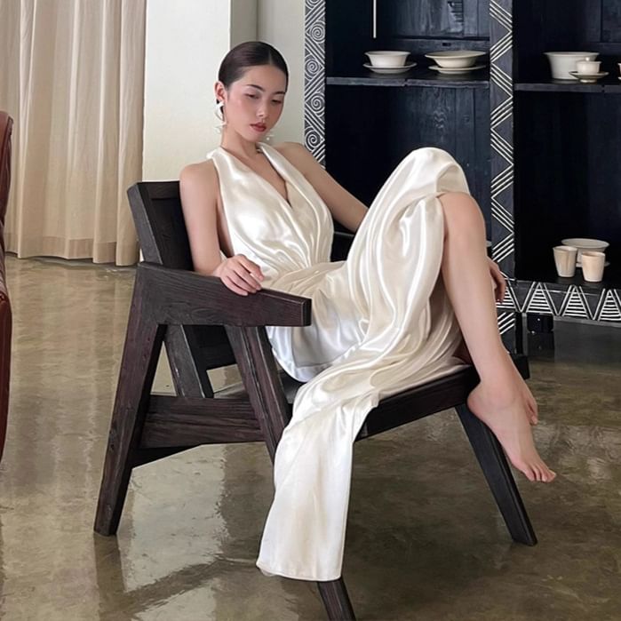 Halter-Neck Satin Open Back Mermaid Wedding Gown