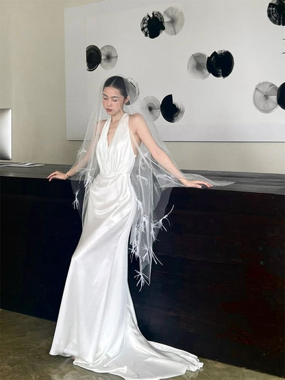 Halter-Neck Satin Open Back Mermaid Wedding Gown