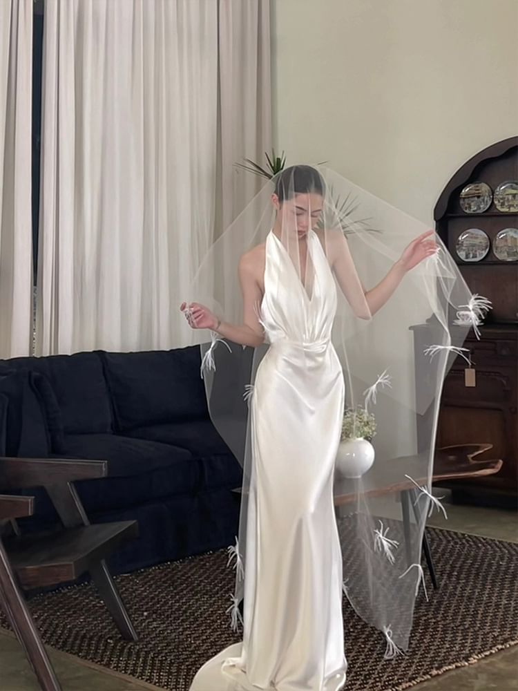 Halter-Neck Satin Open Back Mermaid Wedding Gown