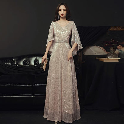 Cape-Sleeve v-Neck Sequined A-Line Evening Gown