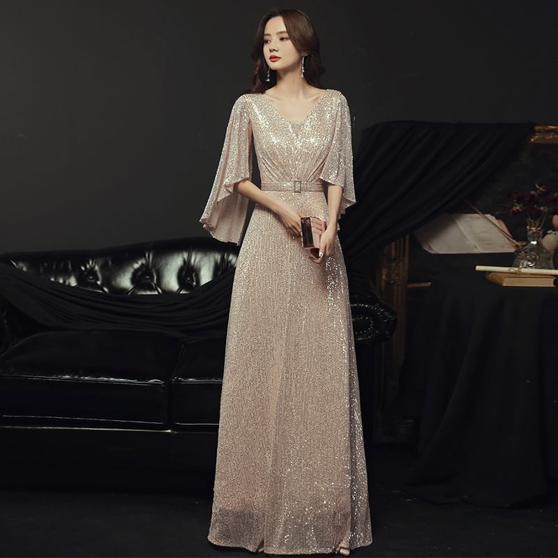 Cape-Sleeve v-Neck Sequined A-Line Evening Gown