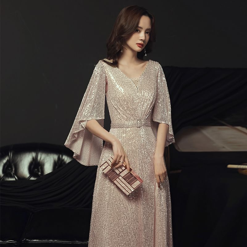 Cape-Sleeve v-Neck Sequined A-Line Evening Gown