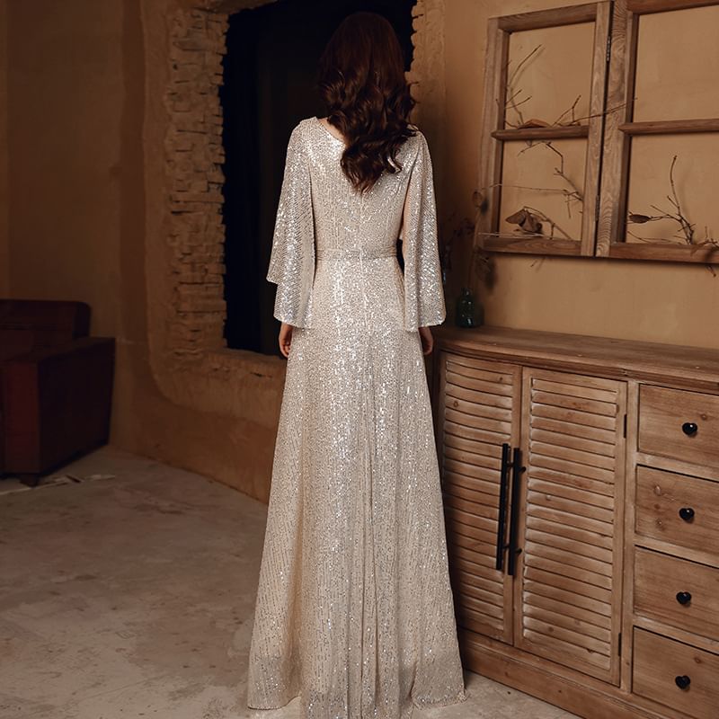 Cape-Sleeve v-Neck Sequined A-Line Evening Gown