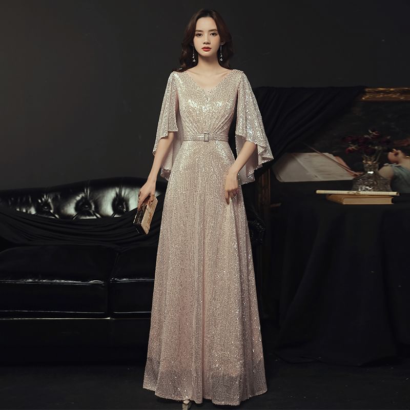 Cape-Sleeve v-Neck Sequined A-Line Evening Gown