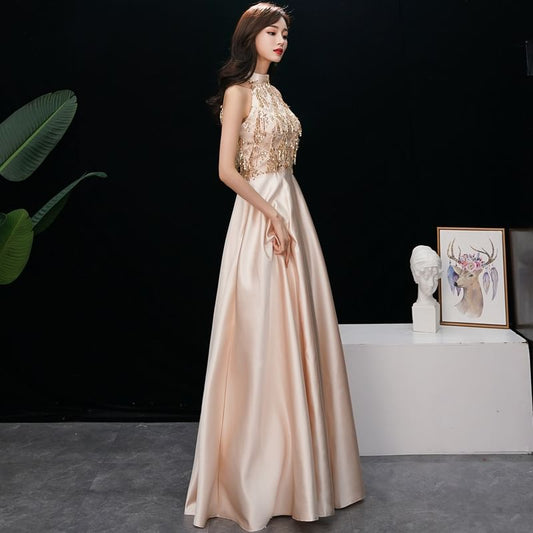 Cold-Shoulder Lace Panel Satin A-Line Evening Gown