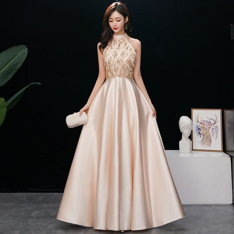 Cold-Shoulder Lace Panel Satin A-Line Evening Gown