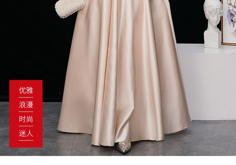 Cold-Shoulder Lace Panel Satin A-Line Evening Gown