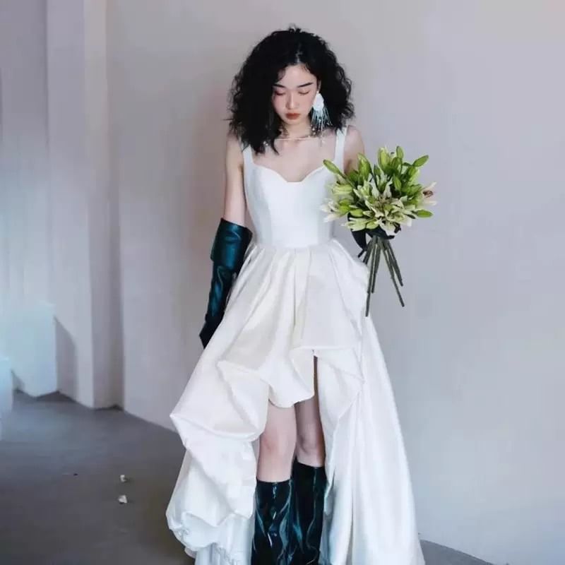 Wide Strap Sweetheart-Neckline High Low Short Wedding Gown